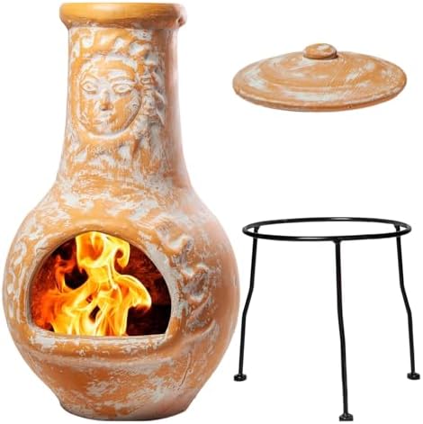 Wiosi Medium 𝗖𝗵𝗶𝗺𝗶𝗻𝗲𝗮 Outdoor Fireplace for Patio Clay Chimineas with Chimney Rain Lids and Solid Metal Stands image 2