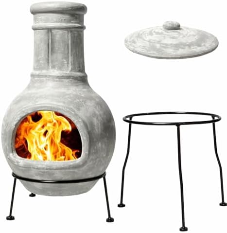 Wiosi Small Chiminea Outdoor Fireplace Grey –Clay Chimineas with Chimney Rain Lids and Solid Metal Stands - Mi image 2