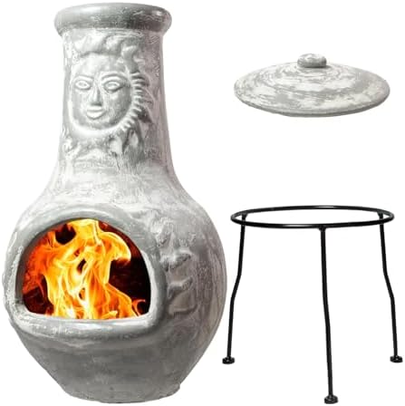 Wiosi Medium Chiminea Outdoor Fireplace Grey Clay Chimineas with Chimney Rain Lids and Solid Metal Stands - Gr image 2