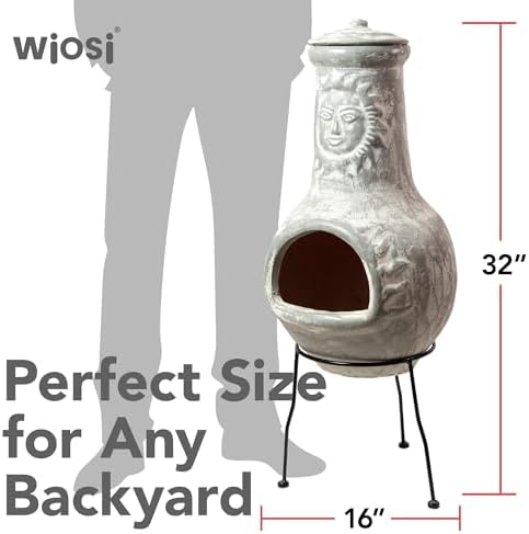 Wiosi Medium Chiminea Outdoor Fireplace Grey Clay Chimineas with Chimney Rain Lids and Solid Metal Stands - Gr image 7