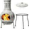 Wiosi Small Chiminea Outdoor Fireplace Grey –Clay Chimineas with Chimney Rain Lids and Solid Metal Stands - Mi image 1