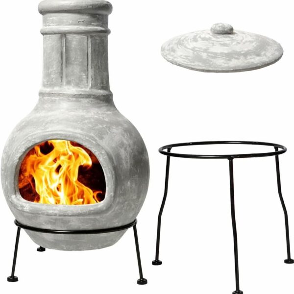Wiosi Small Chiminea Outdoor Fireplace Grey –Clay Chimineas with Chimney Rain Lids and Solid Metal Stands - Mi image 1