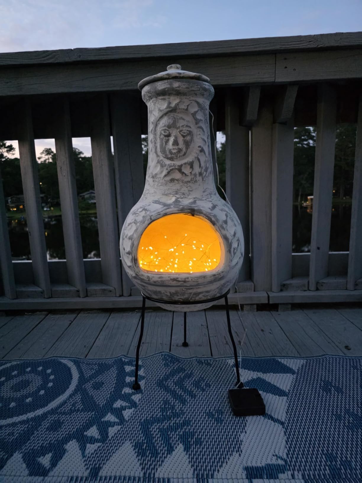 Wiosi Medium Chiminea Outdoor Fireplace Grey Clay Chimineas with Chimney Rain Lids and Solid Metal Stands - Gr image 19