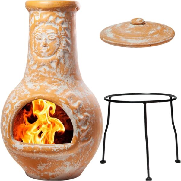 Wiosi Medium 𝗖𝗵𝗶𝗺𝗶𝗻𝗲𝗮 Outdoor Fireplace for Patio Clay Chimineas with Chimney Rain Lids and Solid Metal Stands image 1