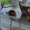 Wiosi Medium Chiminea Outdoor Fireplace Grey Clay Chimineas with Chimney Rain Lids and Solid Metal Stands - Gr image 18