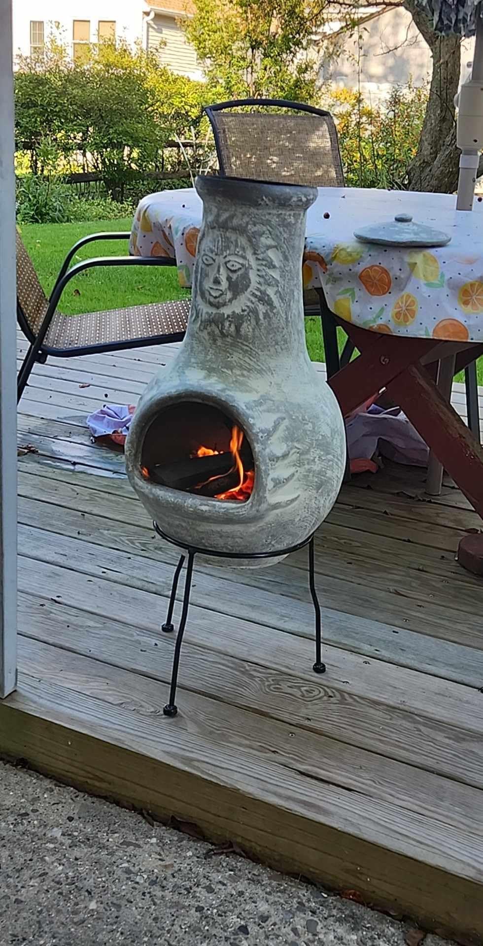 Wiosi Medium Chiminea Outdoor Fireplace Grey Clay Chimineas with Chimney Rain Lids and Solid Metal Stands - Gr image 18