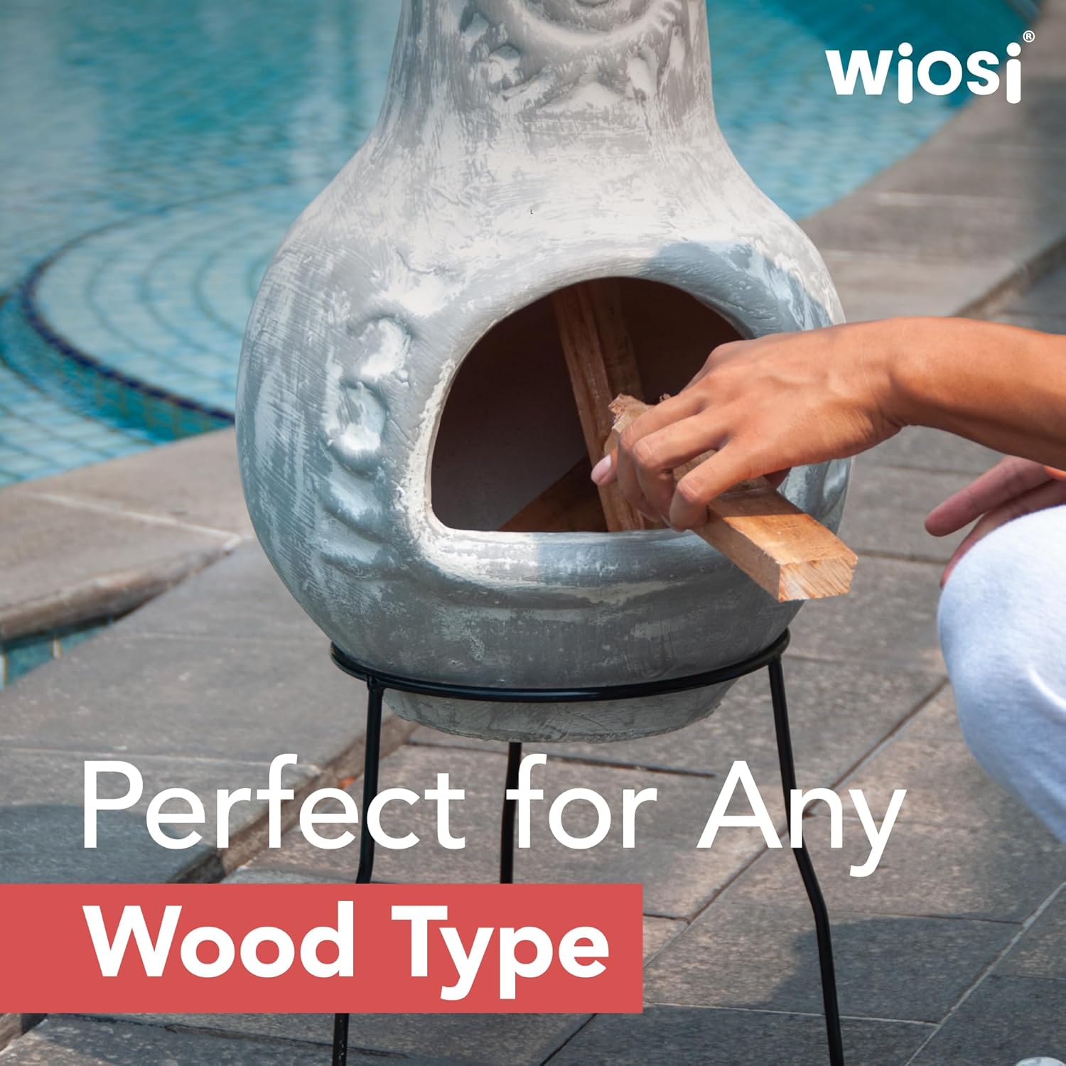 Wiosi Medium Chiminea Outdoor Fireplace Grey Clay Chimineas with Chimney Rain Lids and Solid Metal Stands - Gr image 12