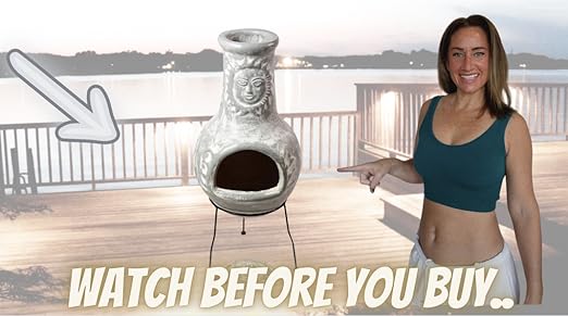 Wiosi Medium Chiminea Outdoor Fireplace Grey Clay Chimineas with Chimney Rain Lids and Solid Metal Stands - Gr image 15
